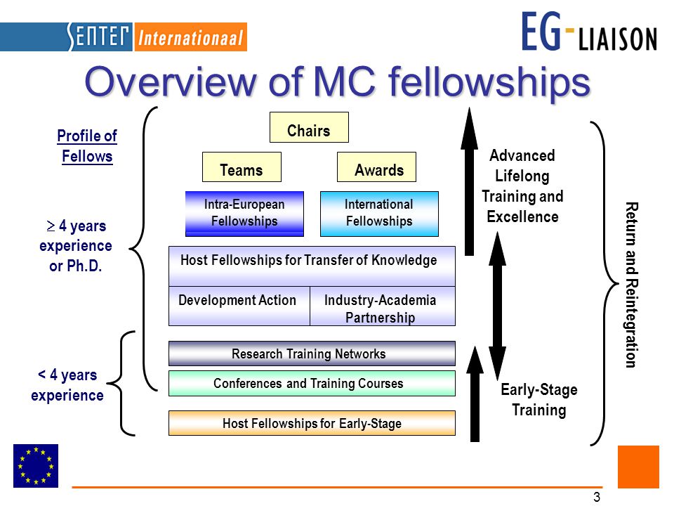 3 Overview of MC fellowships Host Fellowships for Early-Stage Conferences and Training Courses Research Training Networks Chairs Advanced Lifelong Training and Excellence Early-Stage Training Profile of Fellows  4 years experience or Ph.D.