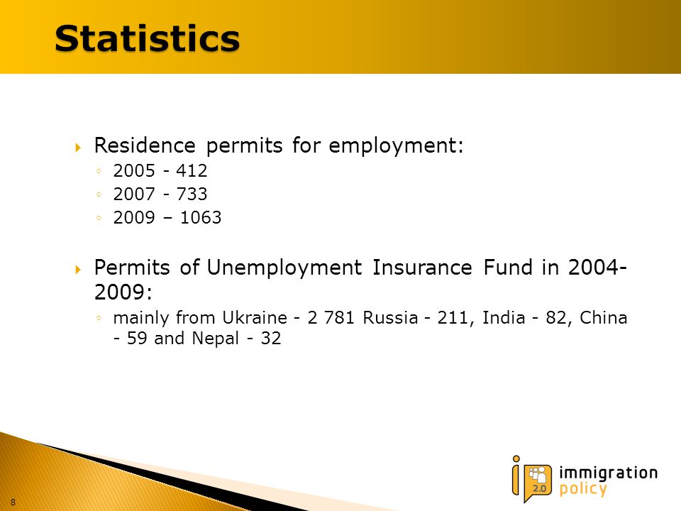  Residence permits for employment: ◦ ◦ ◦2009 – 1063  Permits of Unemployment Insurance Fund in : ◦mainly from Ukraine Russia - 211, India - 82, China - 59 and Nepal