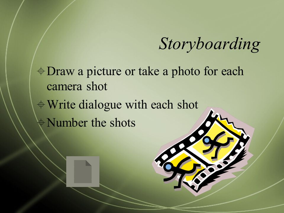 Storyboarding  Draw a picture or take a photo for each camera shot  Write dialogue with each shot  Number the shots