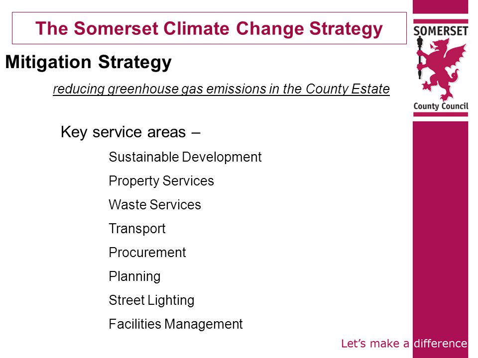 Key service areas – Sustainable Development Property Services Waste Services Transport Procurement Planning Street Lighting Facilities Management The Somerset Climate Change Strategy Mitigation Strategy reducing greenhouse gas emissions in the County Estate