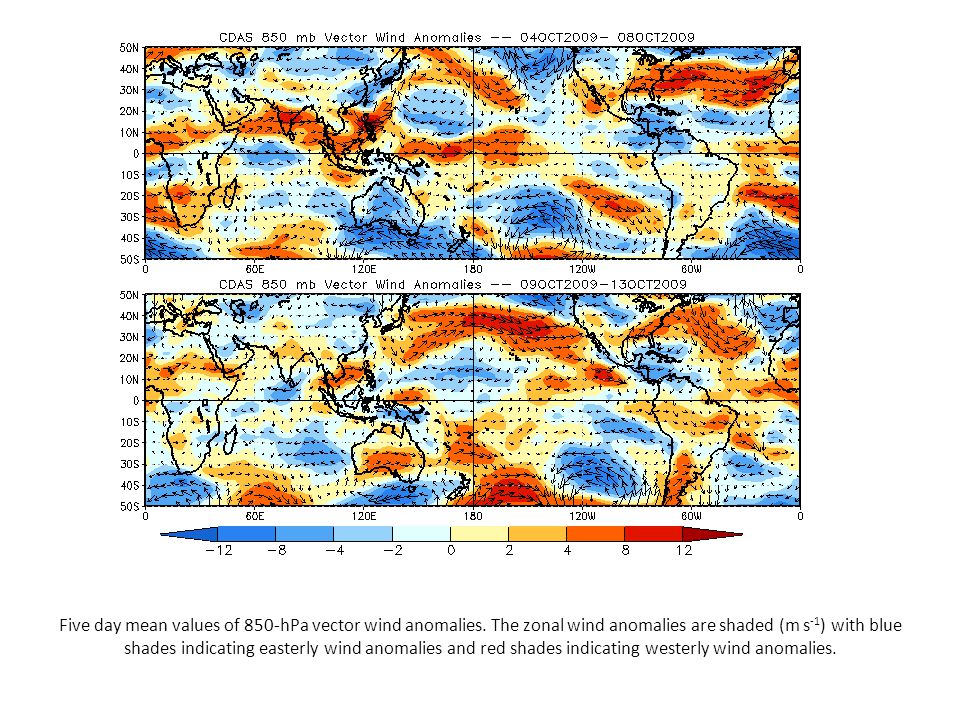 Five day mean values of 850-hPa vector wind anomalies.
