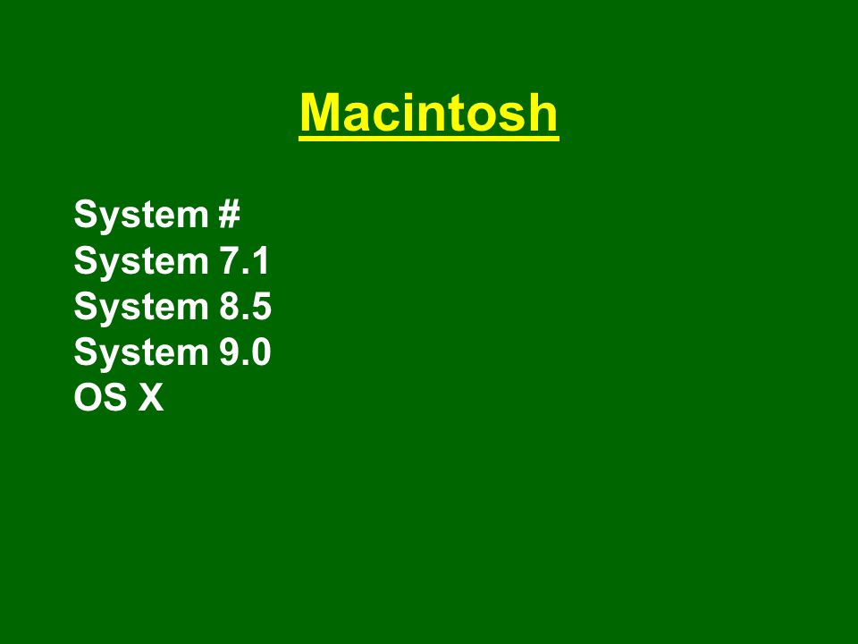 Macintosh System # System 7.1 System 8.5 System 9.0 OS X