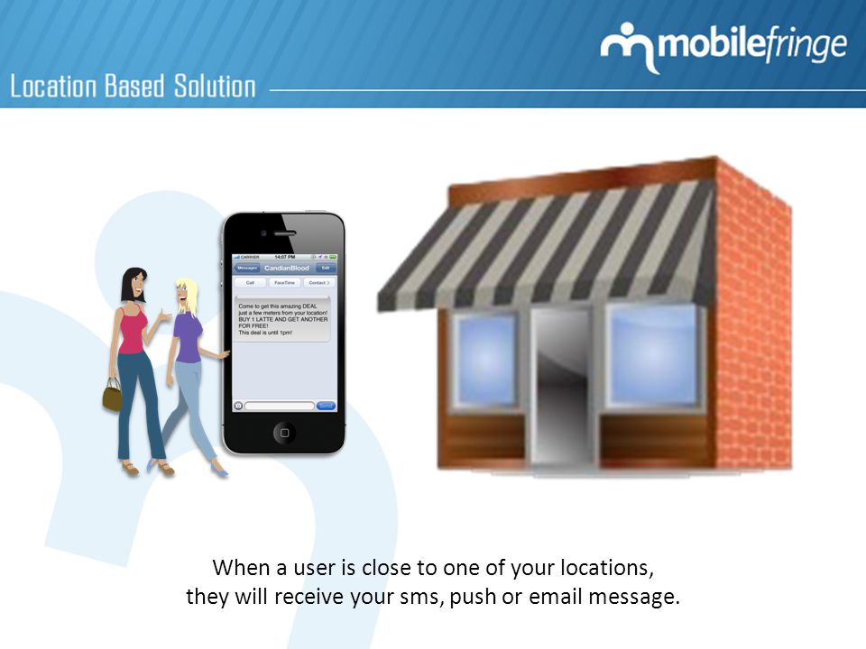 When a user is close to one of your locations, they will receive your sms, push or  message.
