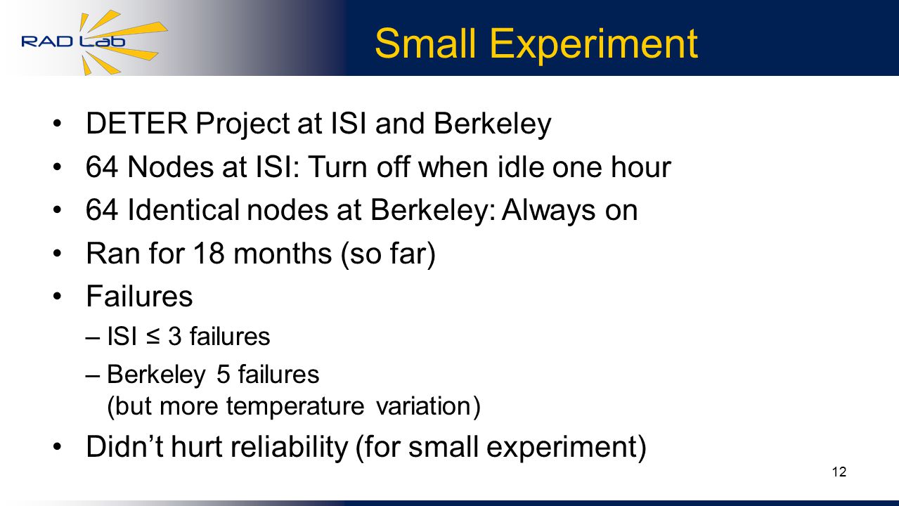 12 Small Experiment DETER Project at ISI and Berkeley 64 Nodes at ISI: Turn off when idle one hour 64 Identical nodes at Berkeley: Always on Ran for 18 months (so far) Failures –ISI ≤ 3 failures –Berkeley 5 failures (but more temperature variation) Didn’t hurt reliability (for small experiment)