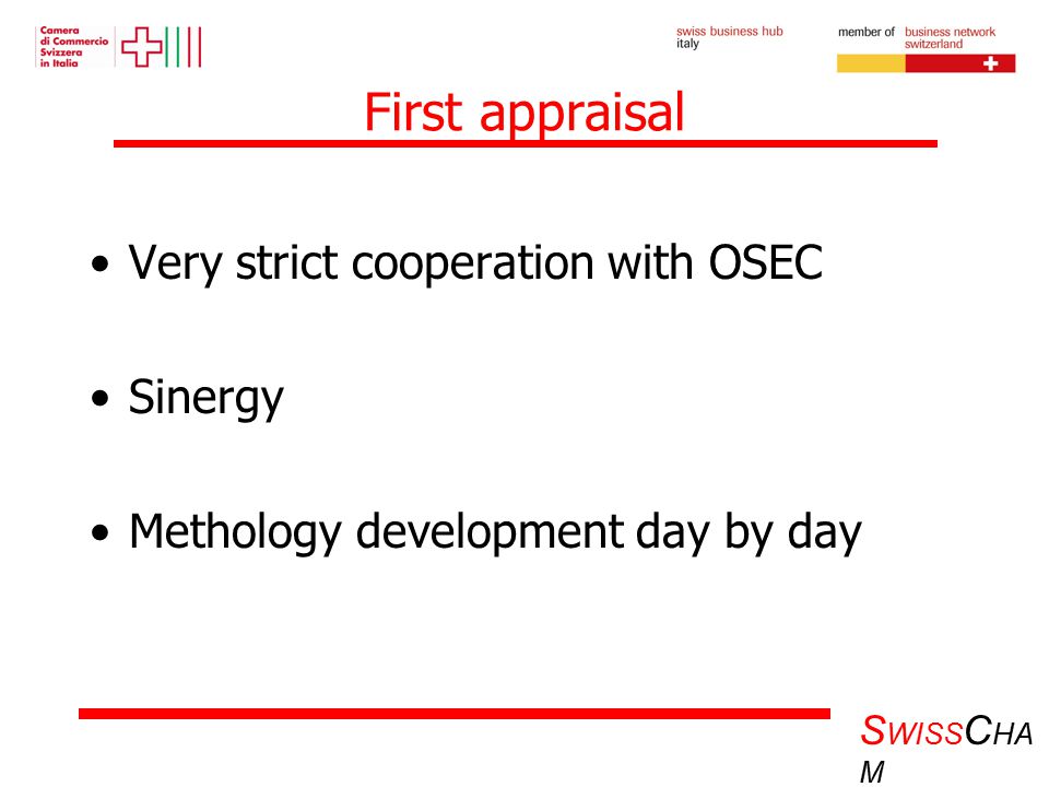 S WISS C HA M First appraisal Very strict cooperation with OSEC Sinergy Methology development day by day