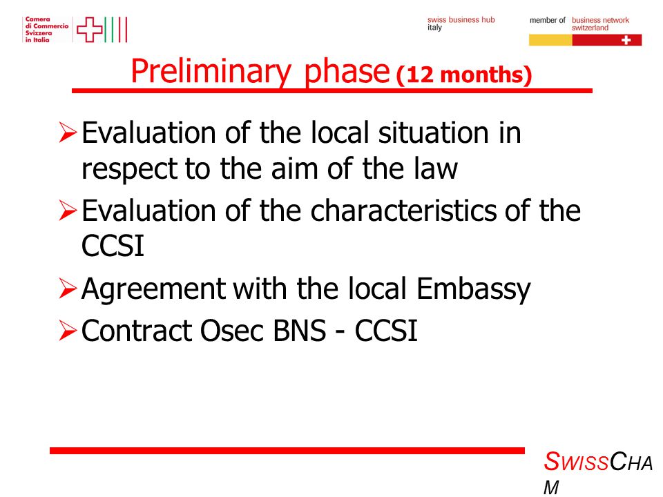 S WISS C HA M Preliminary phase (12 months)  Evaluation of the local situation in respect to the aim of the law  Evaluation of the characteristics of the CCSI  Agreement with the local Embassy  Contract Osec BNS - CCSI