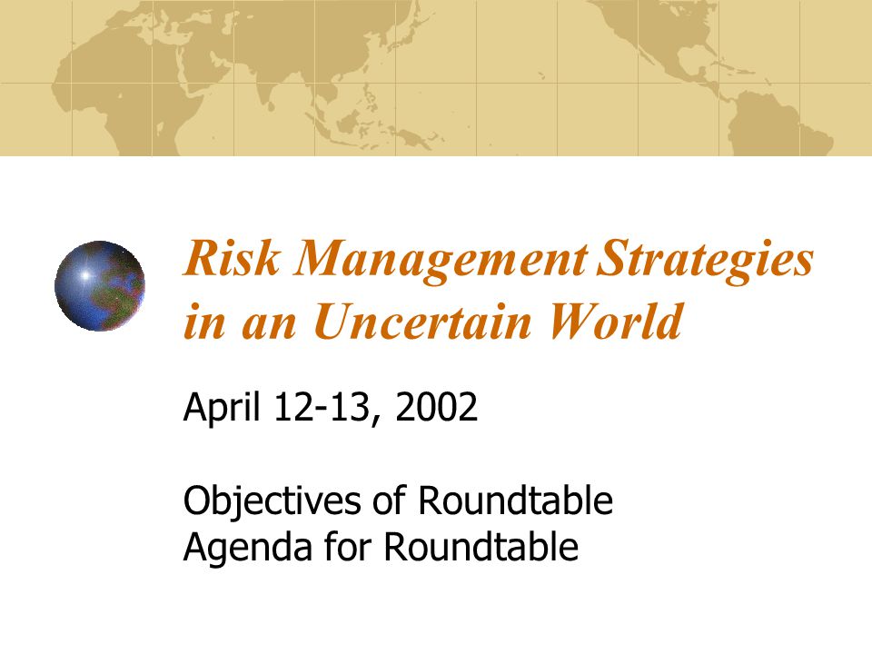 Risk Management Strategies in an Uncertain World April 12-13, 2002 Objectives of Roundtable Agenda for Roundtable