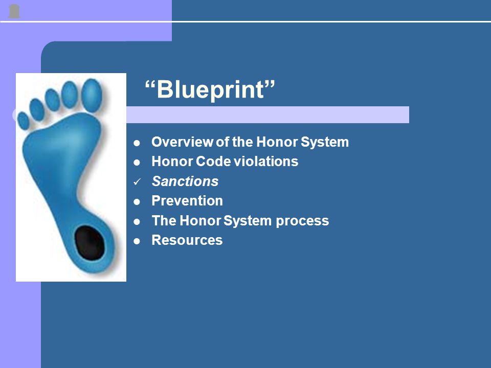 Blueprint Overview of the Honor System Honor Code violations Sanctions Prevention The Honor System process Resources