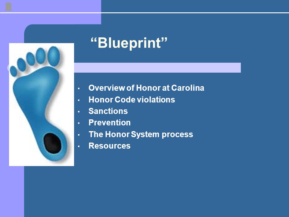 Blueprint Overview of Honor at Carolina Honor Code violations Sanctions Prevention The Honor System process Resources