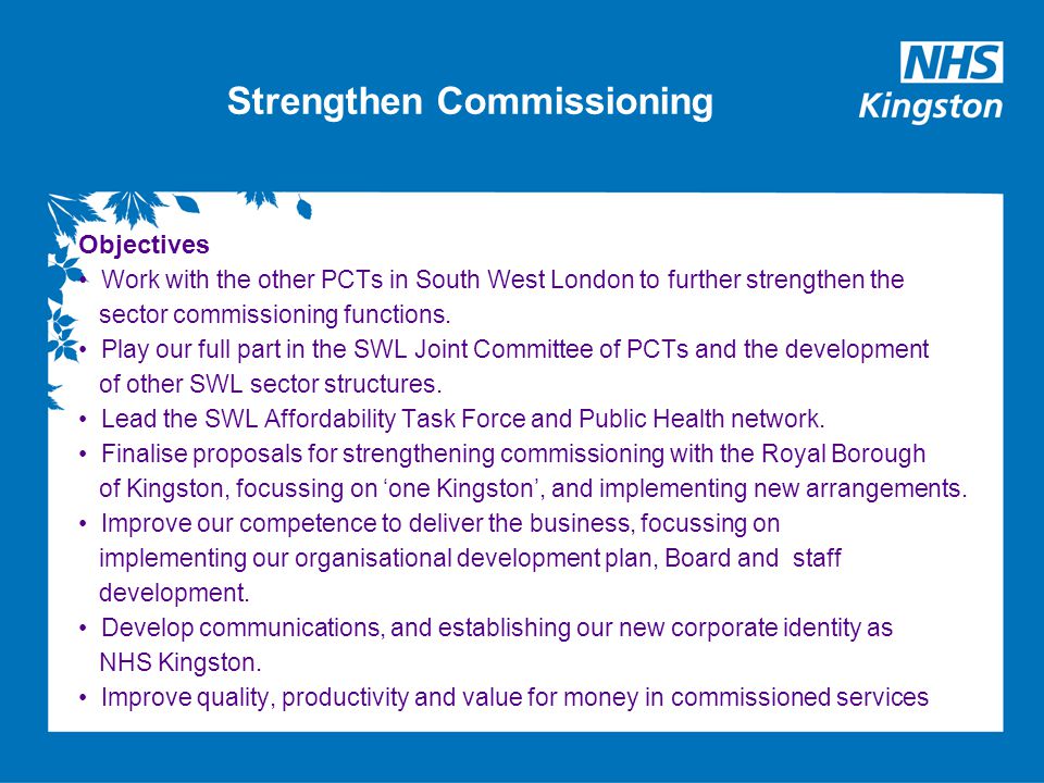 Strengthen Commissioning Objectives Work with the other PCTs in South West London to further strengthen the sector commissioning functions.