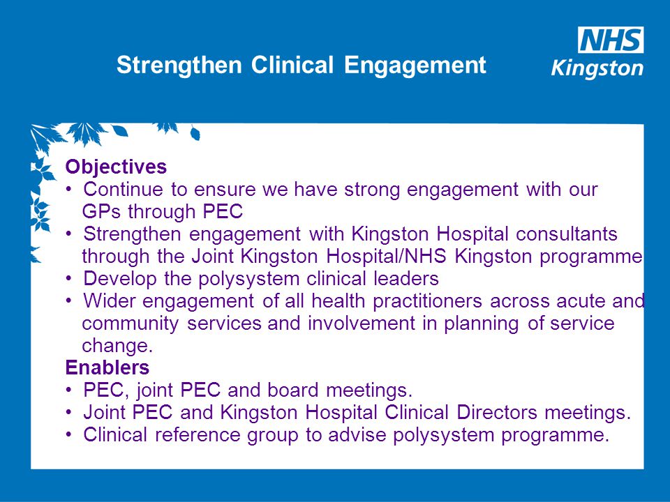 Strengthen Clinical Engagement Objectives Continue to ensure we have strong engagement with our GPs through PEC Strengthen engagement with Kingston Hospital consultants through the Joint Kingston Hospital/NHS Kingston programme Develop the polysystem clinical leaders Wider engagement of all health practitioners across acute and community services and involvement in planning of service change.