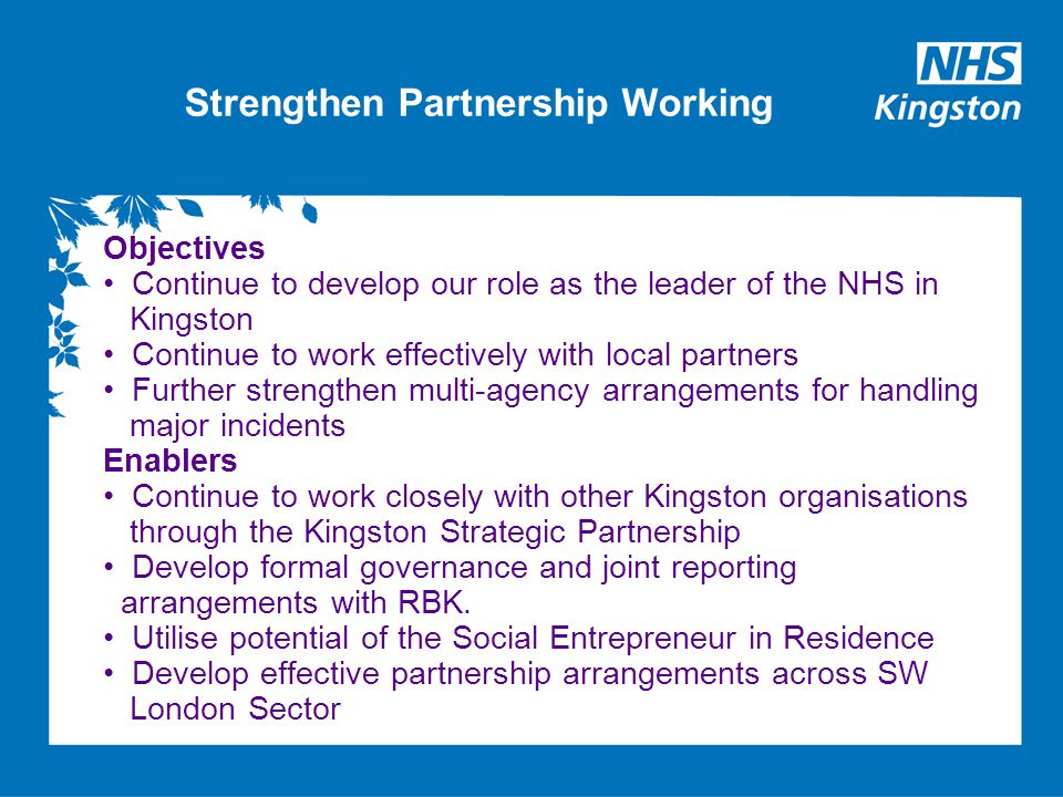Strengthen Partnership Working Objectives Continue to develop our role as the leader of the NHS in Kingston Continue to work effectively with local partners Further strengthen multi-agency arrangements for handling major incidents Enablers Continue to work closely with other Kingston organisations through the Kingston Strategic Partnership Develop formal governance and joint reporting arrangements with RBK.