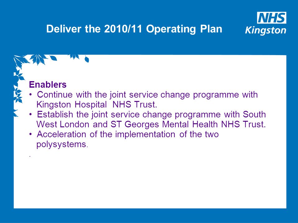 Deliver the 2010/11 Operating Plan Enablers Continue with the joint service change programme with Kingston Hospital NHS Trust.