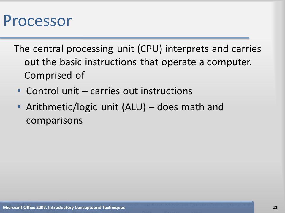 Processor The central processing unit (CPU) interprets and carries out the basic instructions that operate a computer.