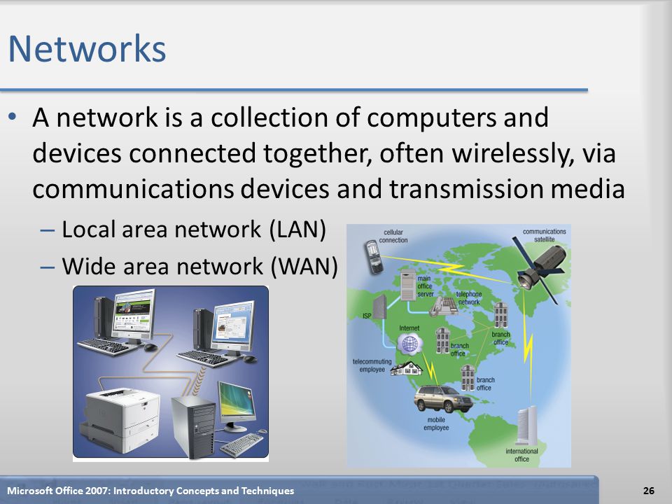 Networks A network is a collection of computers and devices connected together, often wirelessly, via communications devices and transmission media – Local area network (LAN) – Wide area network (WAN) Microsoft Office 2007: Introductory Concepts and Techniques26