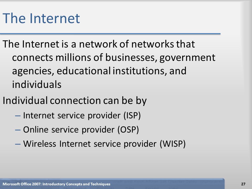 The Internet The Internet is a network of networks that connects millions of businesses, government agencies, educational institutions, and individuals Individual connection can be by – Internet service provider (ISP) – Online service provider (OSP) – Wireless Internet service provider (WISP) Microsoft Office 2007: Introductory Concepts and Techniques27