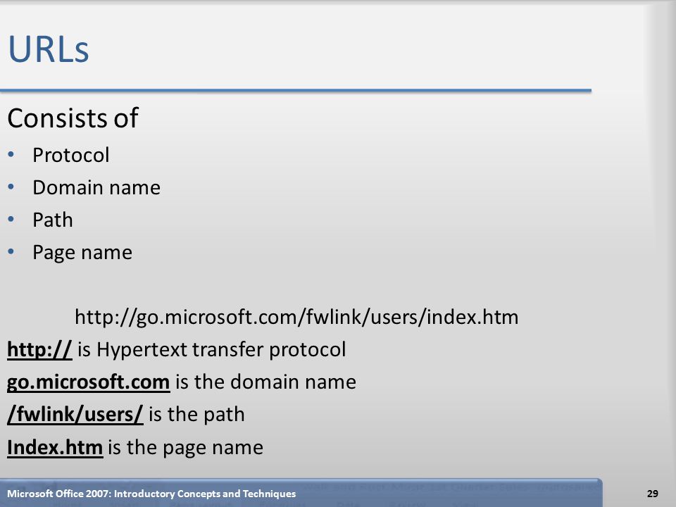 URLs Consists of Protocol Domain name Path Page name     is Hypertext transfer protocol go.microsoft.com is the domain name /fwlink/users/ is the path Index.htm is the page name Microsoft Office 2007: Introductory Concepts and Techniques29