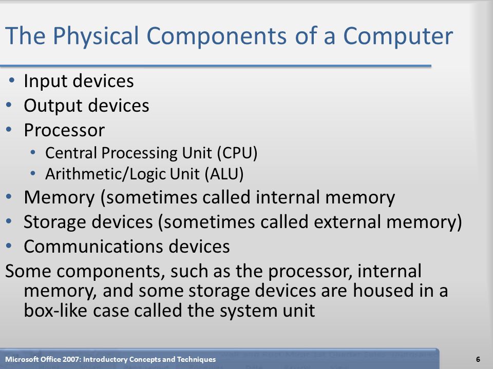 The Physical Components of a Computer Input devices Output devices Processor Central Processing Unit (CPU) Arithmetic/Logic Unit (ALU) Memory (sometimes called internal memory Storage devices (sometimes called external memory) Communications devices Some components, such as the processor, internal memory, and some storage devices are housed in a box-like case called the system unit Microsoft Office 2007: Introductory Concepts and Techniques6