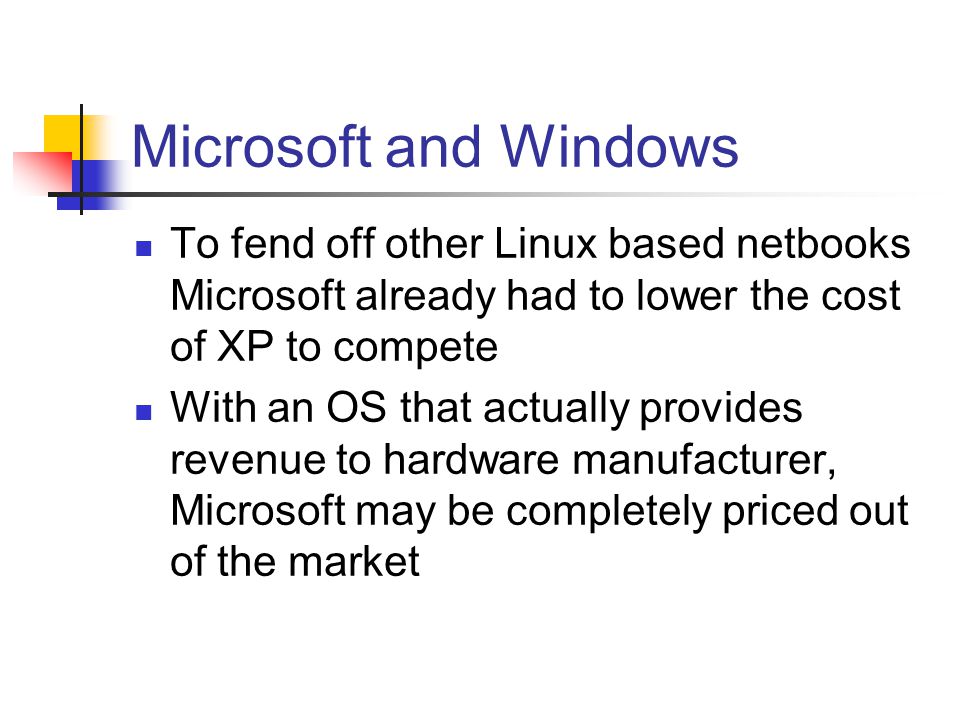 Microsoft and Windows To fend off other Linux based netbooks Microsoft already had to lower the cost of XP to compete With an OS that actually provides revenue to hardware manufacturer, Microsoft may be completely priced out of the market