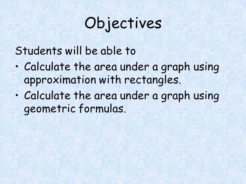 Objectives Students will be able to Calculate the area under a graph using approximation with rectangles.