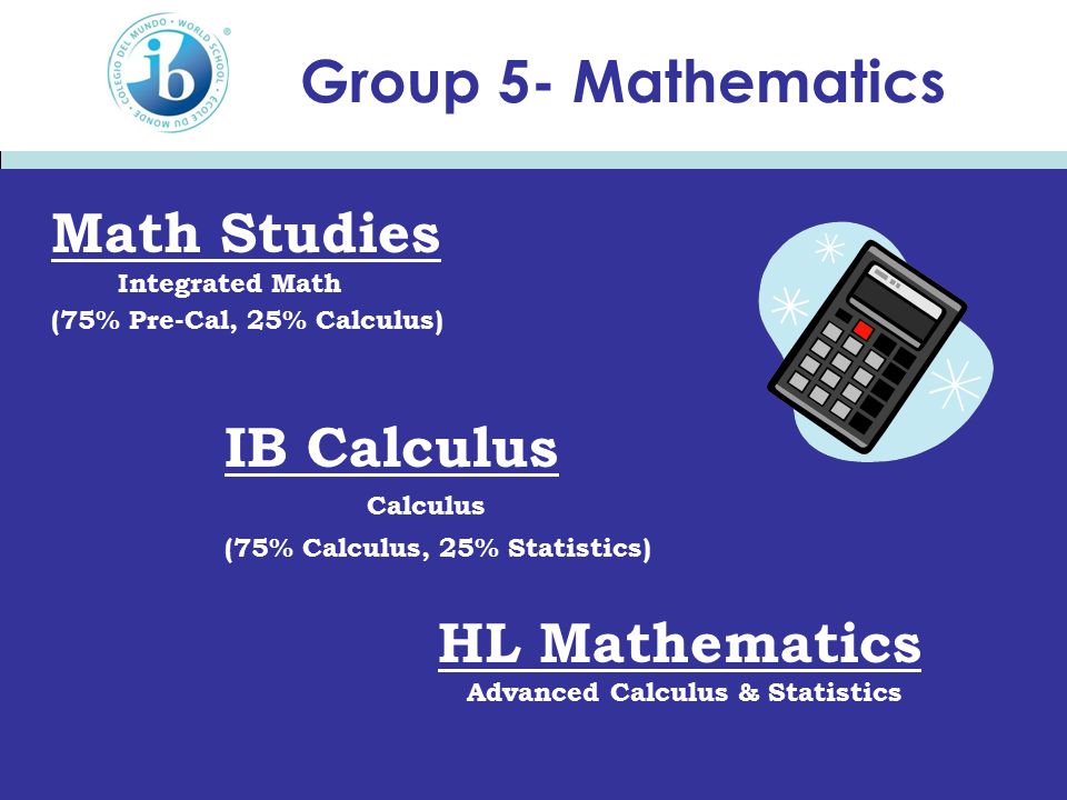 Group 5- Mathematics Math Studies Integrated Math (75% Pre-Cal, 25% Calculus) IB Calculus Calculus (75% Calculus, 25% Statistics) HL Mathematics Advanced Calculus & Statistics