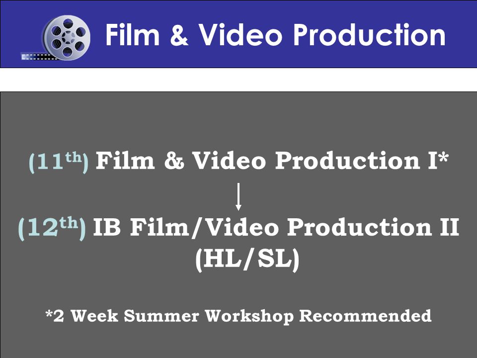 Film & Video Production (11 th ) Film & Video Production I* (12 th ) IB Film/Video Production II (HL/SL) *2 Week Summer Workshop Recommended