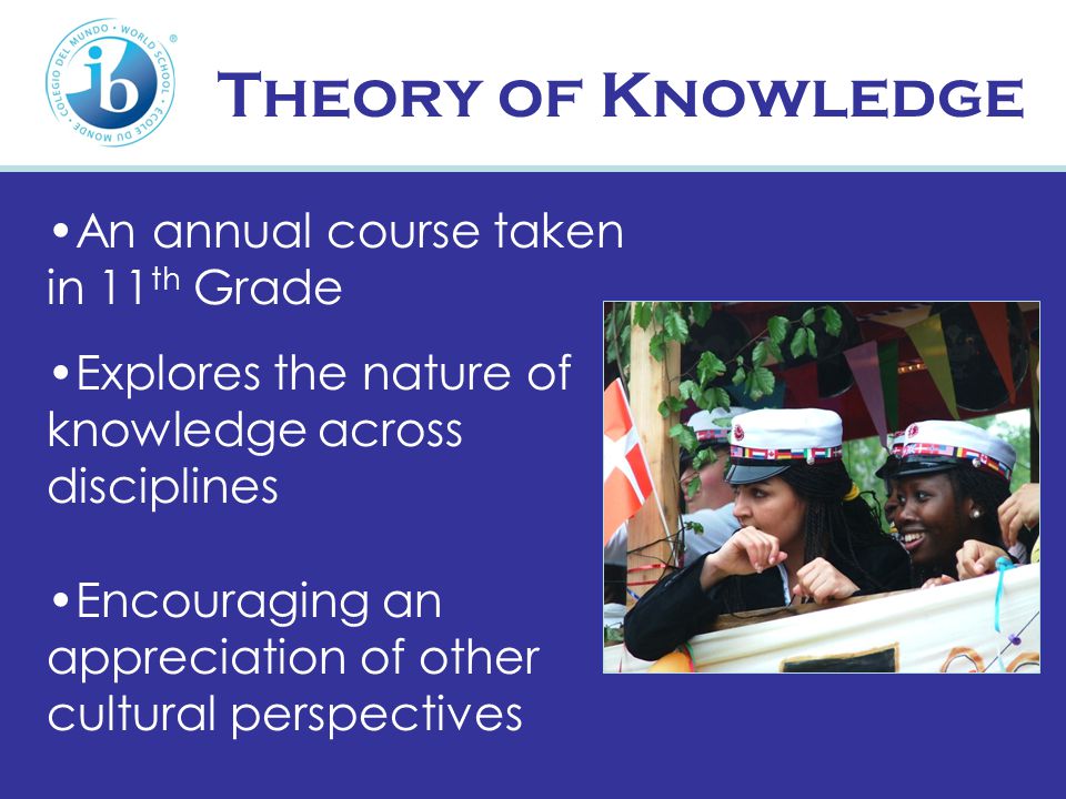 Theory of Knowledge An annual course taken in 11 th Grade Explores the nature of knowledge across disciplines Encouraging an appreciation of other cultural perspectives