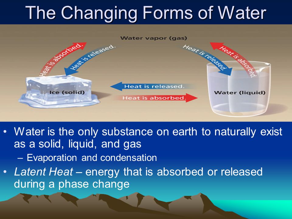 The Changing Forms of Water Water is the only substance on earth to naturally exist as a solid, liquid, and gas –Evaporation and condensation Latent Heat – energy that is absorbed or released during a phase change