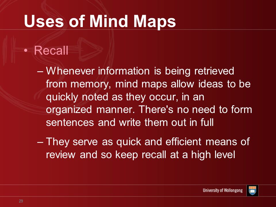 29 Uses of Mind Maps Recall –Whenever information is being retrieved from memory, mind maps allow ideas to be quickly noted as they occur, in an organized manner.