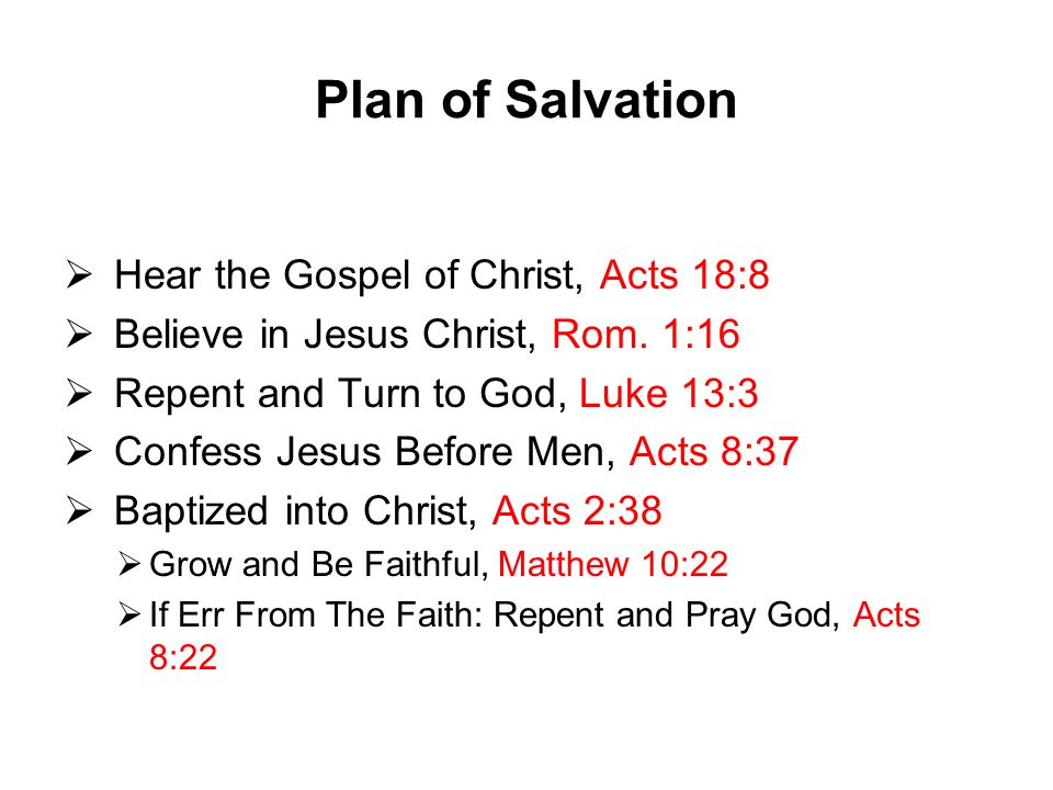 Plan of Salvation  Hear the Gospel of Christ, Acts 18:8  Believe in Jesus Christ, Rom.
