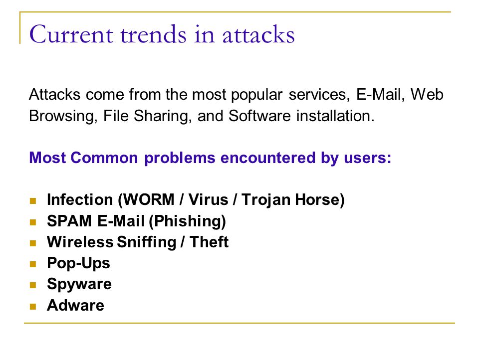 Current trends in attacks Attacks come from the most popular services,  , Web Browsing, File Sharing, and Software installation.
