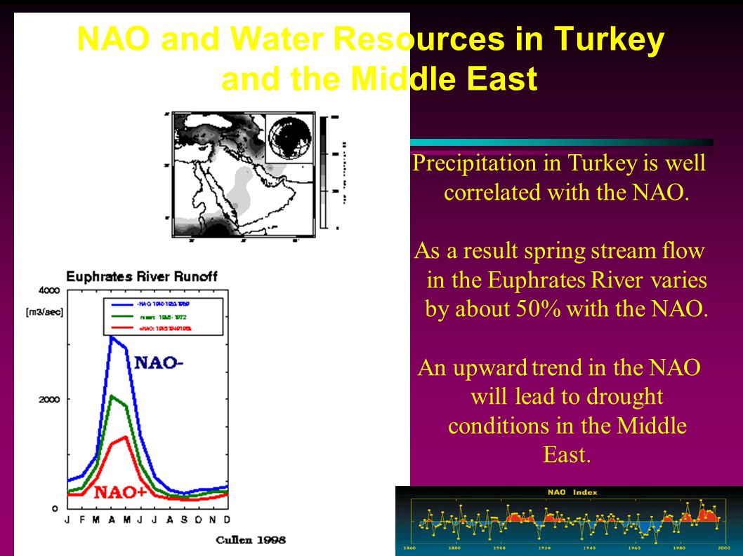 NAO and Water Resources in Turkey and the Middle East Precipitation in Turkey is well correlated with the NAO.