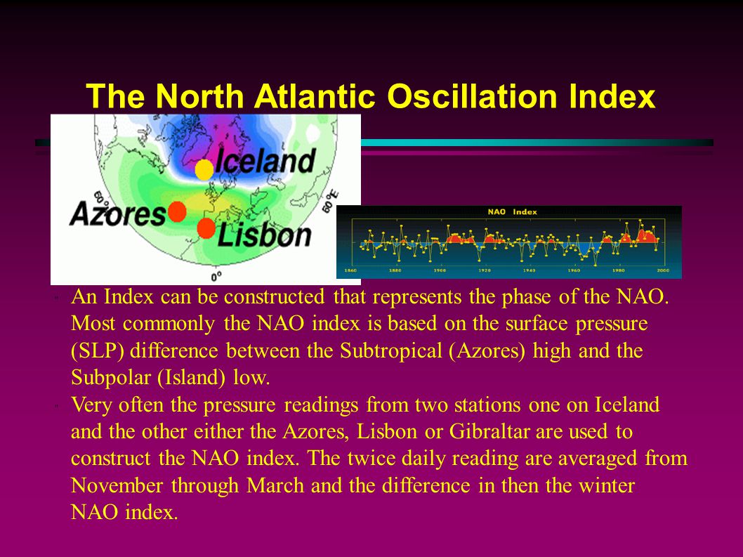 The North Atlantic Oscillation Index An Index can be constructed that represents the phase of the NAO.