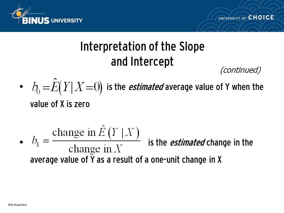 Bina Nusantara Interpretation of the Slope and Intercept estimated is the estimated average value of Y when the value of X is zero estimated is the estimated change in the average value of Y as a result of a one-unit change in X (continued)