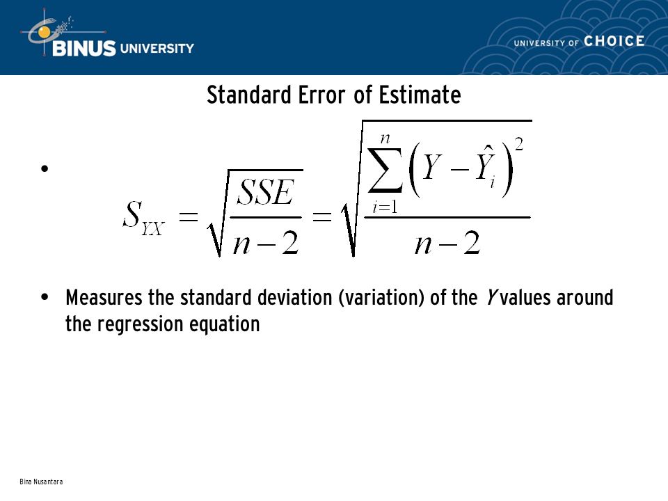 Bina Nusantara Standard Error of Estimate Measures the standard deviation (variation) of the Y values around the regression equation