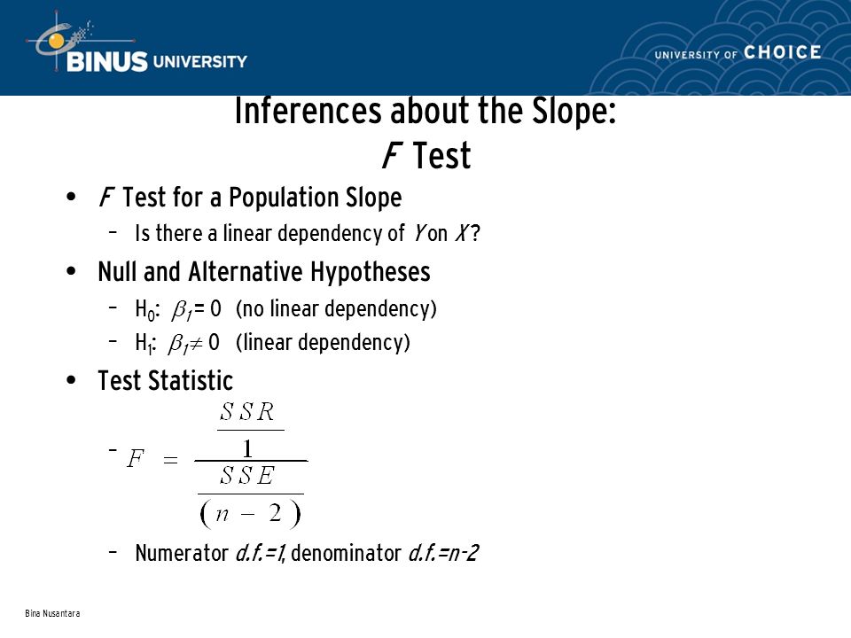 Bina Nusantara Inferences about the Slope: F Test F Test for a Population Slope – Is there a linear dependency of Y on X .