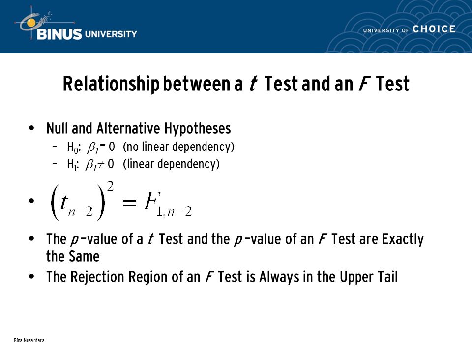 Bina Nusantara Relationship between a t Test and an F Test Null and Alternative Hypotheses – H 0 :  1 = 0(no linear dependency) – H 1 :  1  0(linear dependency) The p –value of a t Test and the p –value of an F Test are Exactly the Same The Rejection Region of an F Test is Always in the Upper Tail