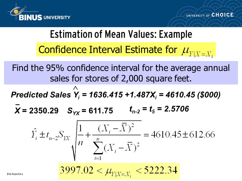 Bina Nusantara Estimation of Mean Values: Example Find the 95% confidence interval for the average annual sales for stores of 2,000 square feet.