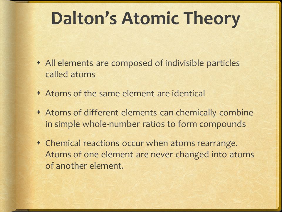 Dalton’s Atomic Theory  All elements are composed of indivisible particles called atoms  Atoms of the same element are identical  Atoms of different elements can chemically combine in simple whole-number ratios to form compounds  Chemical reactions occur when atoms rearrange.