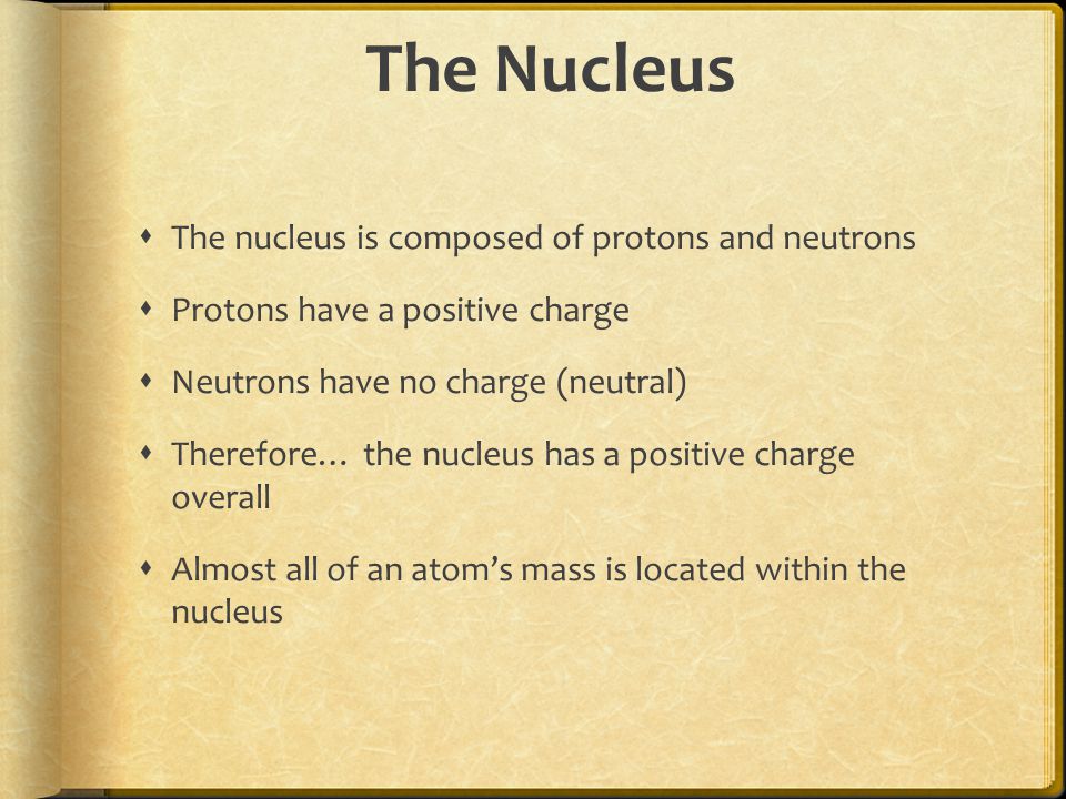 The Nucleus  The nucleus is composed of protons and neutrons  Protons have a positive charge  Neutrons have no charge (neutral)  Therefore… the nucleus has a positive charge overall  Almost all of an atom’s mass is located within the nucleus