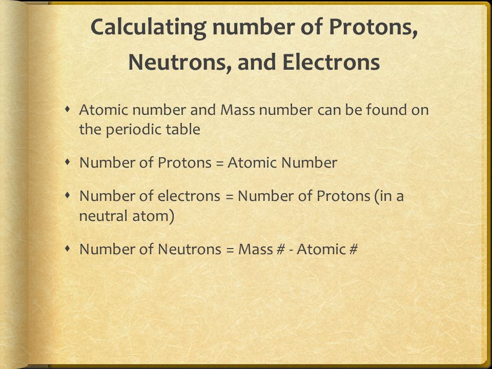 Calculating number of Protons, Neutrons, and Electrons  Atomic number and Mass number can be found on the periodic table  Number of Protons = Atomic Number  Number of electrons = Number of Protons (in a neutral atom)  Number of Neutrons = Mass # - Atomic #