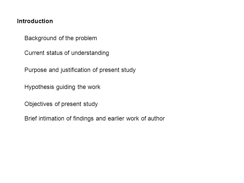 Introduction Background of the problem Current status of understanding Purpose and justification of present study Hypothesis guiding the work Brief intimation of findings and earlier work of author Objectives of present study