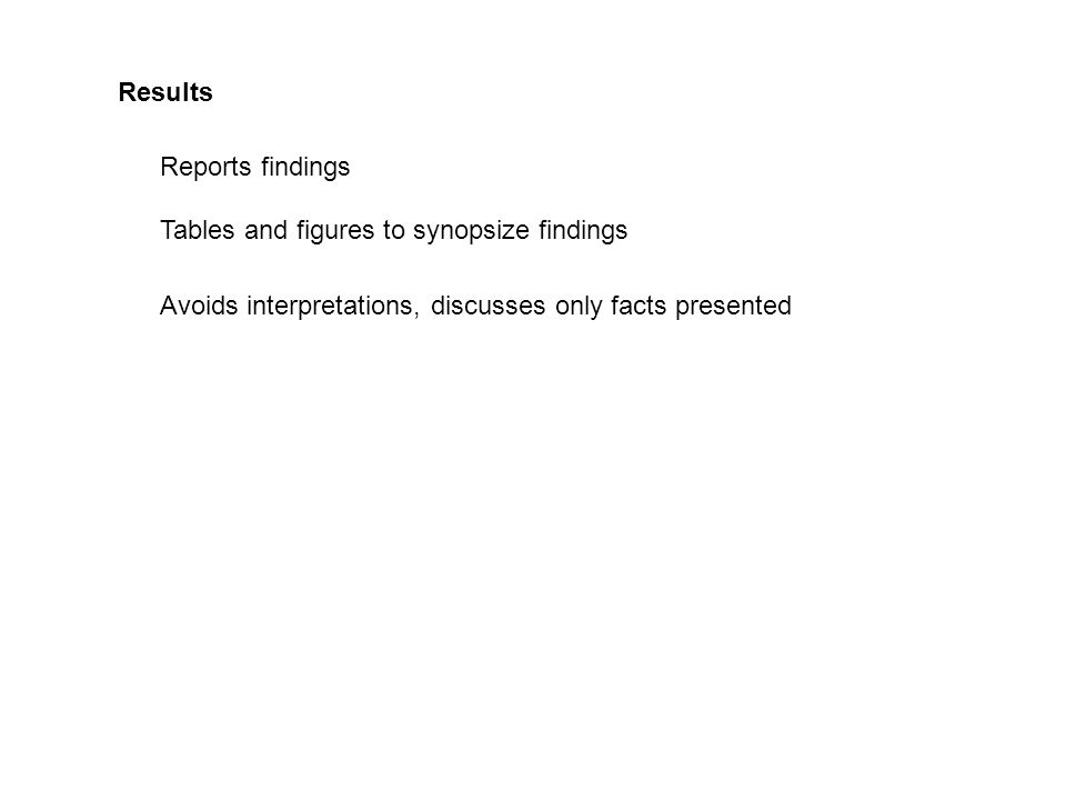 Results Reports findings Tables and figures to synopsize findings Avoids interpretations, discusses only facts presented