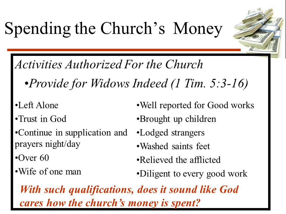 Spending the Church’s Money Activities Authorized For the Church Provide for Widows Indeed (1 Tim.