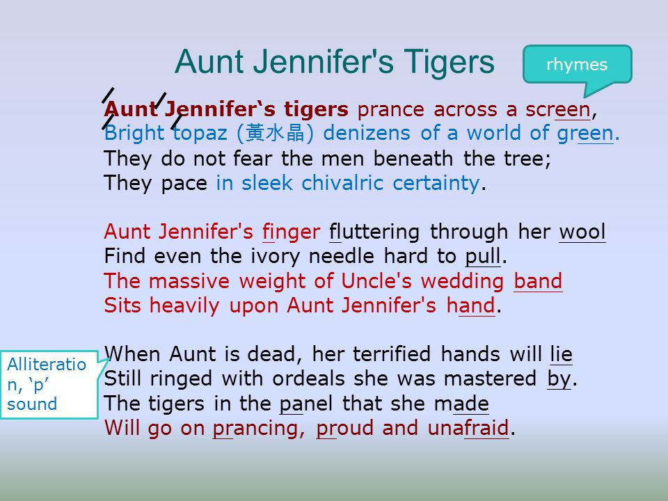 aunt jennifers tigers by adrienne rich essay Read this essay on “girl” and “aunt jennifer’s tigers” in the poem “aunt jennifer’s tigers” by adrienne rich popular essays. aunt jennifers tigers by adrienne rich essay Read this essay on “girl” and “aunt jennifer’s tigers” in the poem “aunt jennifer’s tigers” by adrienne rich popular essays.