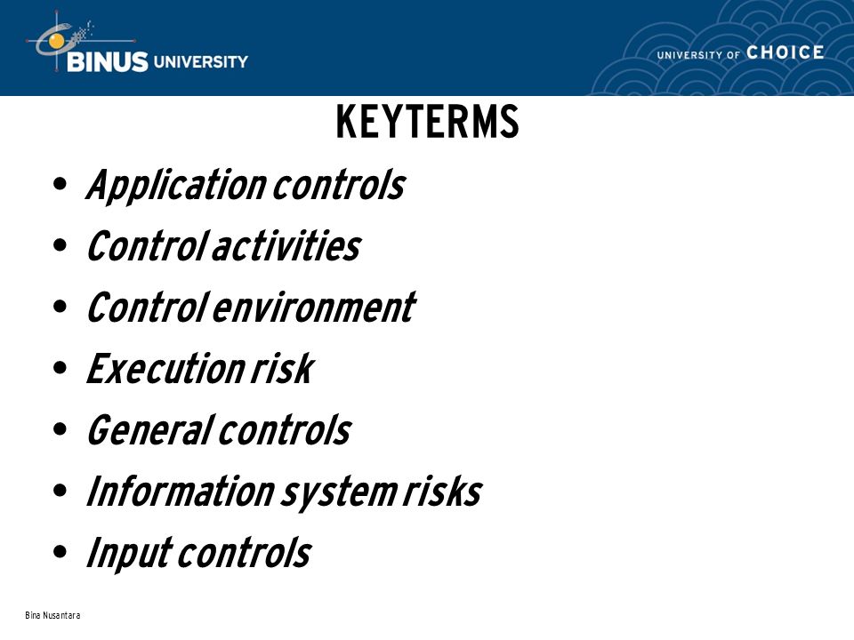Bina Nusantara KEYTERMS Application controls Control activities Control environment Execution risk General controls Information system risks Input controls