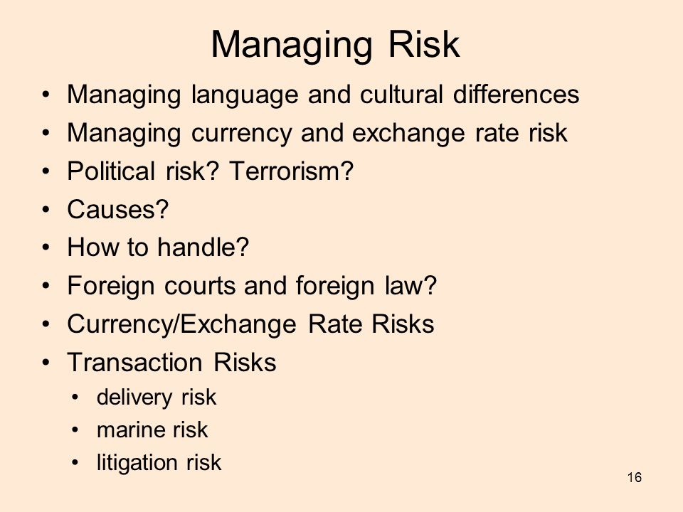 16 Managing Risk Managing language and cultural differences Managing currency and exchange rate risk Political risk.