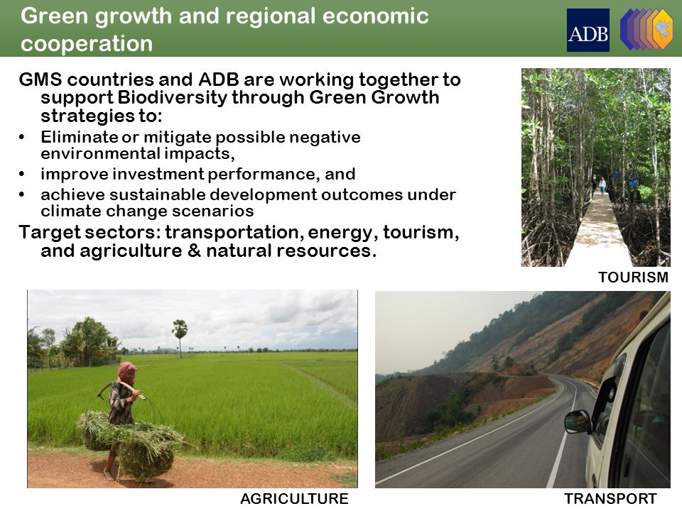 Green growth and regional economic cooperation GMS countries and ADB are working together to support Biodiversity through Green Growth strategies to: Eliminate or mitigate possible negative environmental impacts, improve investment performance, and achieve sustainable development outcomes under climate change scenarios Target sectors: transportation, energy, tourism, and agriculture & natural resources.
