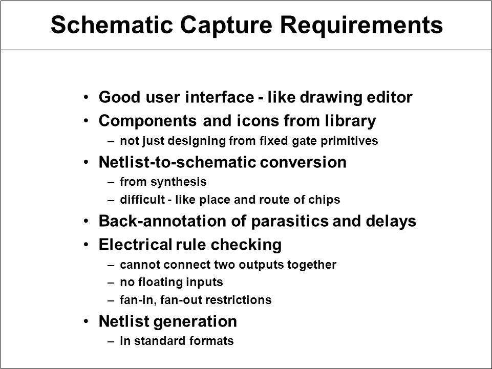 Schematic Capture Requirements Good user interface - like drawing editor Components and icons from library –not just designing from fixed gate primitives Netlist-to-schematic conversion –from synthesis –difficult - like place and route of chips Back-annotation of parasitics and delays Electrical rule checking –cannot connect two outputs together –no floating inputs –fan-in, fan-out restrictions Netlist generation –in standard formats