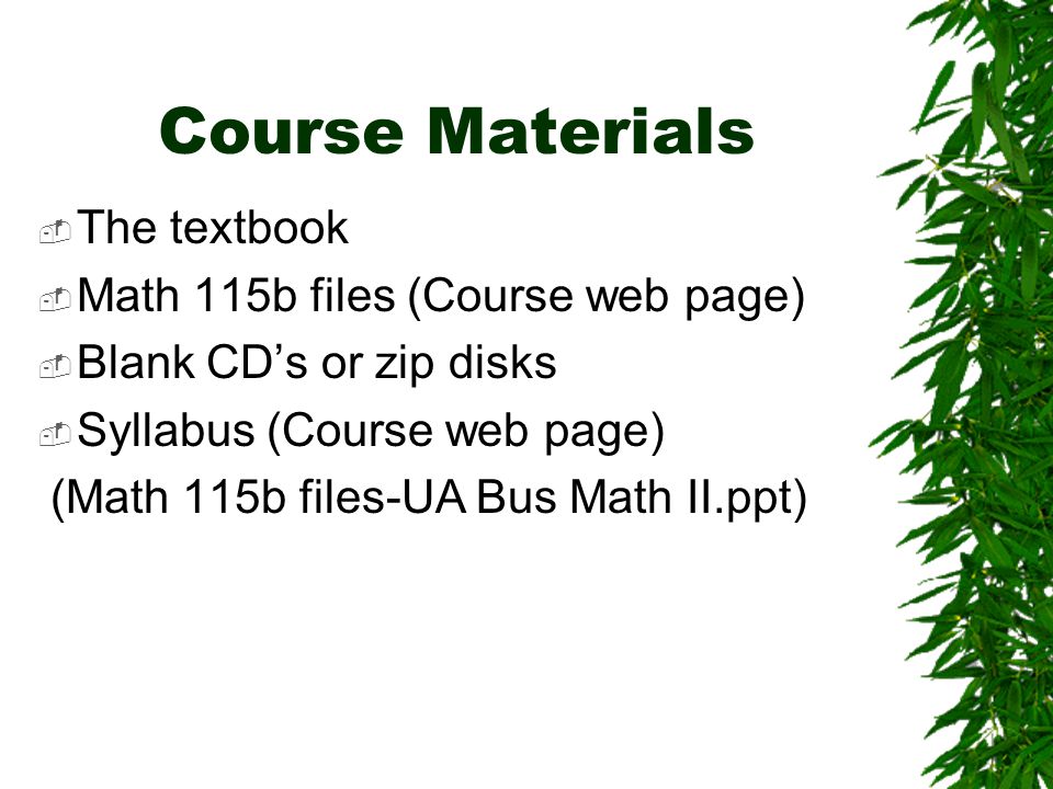 Course Materials  The textbook  Math 115b files (Course web page)  Blank CD’s or zip disks  Syllabus (Course web page) (Math 115b files-UA Bus Math II.ppt)
